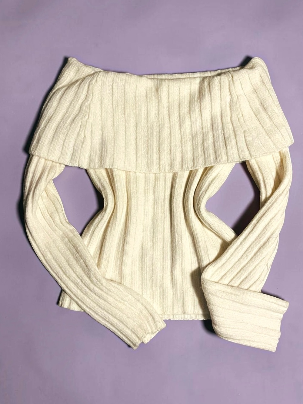 PINK ROSE Cream Ribbed Off The Shoulder Foldover Knit Sweater M